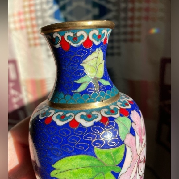 VTG Mid Century Chinese 6" Tall Filagree Enamel Cloisonné Vases Set of 2 Blue - Picture 14 of 14